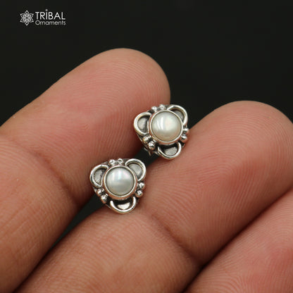925 sterling silver pearl stone stud earring by Tribal Ornaments, elegant unisex jewelry with a classic pearl design.
