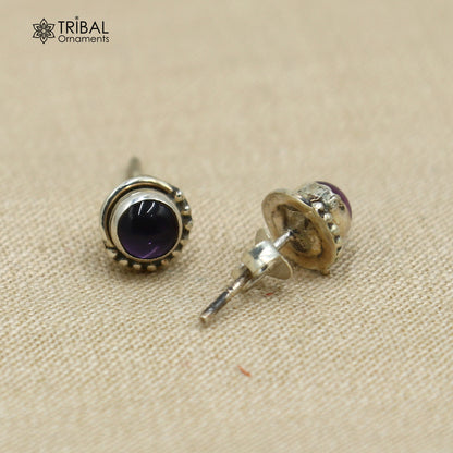 925 sterling silver amethyst round stud earring, unisex jewelry with vibrant purple gemstone, by TRIBAL ORNAMENTS.