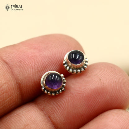 925 sterling silver amethyst round stud earring, unisex jewelry featuring a vibrant purple gemstone from Tribal Ornaments.