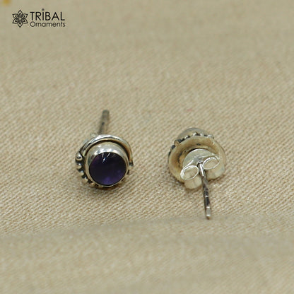 925 sterling silver amethyst round stud earring, unisex jewelry with vibrant purple gemstone, by TRIBAL ORNAMENTS