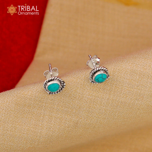 925 sterling silver gorgeous round shape blue turquoise stone stud earring best unisex jewelry s1396 - TRIBAL ORNAMENTS