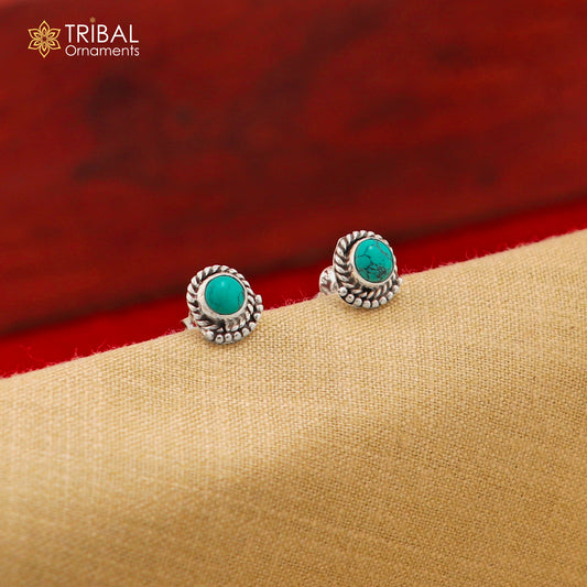 925 sterling silver gorgeous round shape blue turquoise stone stud earring best unisex jewelry s1396 - TRIBAL ORNAMENTS