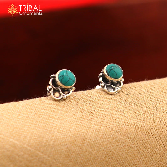 925 sterling silver gorgeous round shape blue turquoise stone stud earring best unisex jewelry s1399 - TRIBAL ORNAMENTS