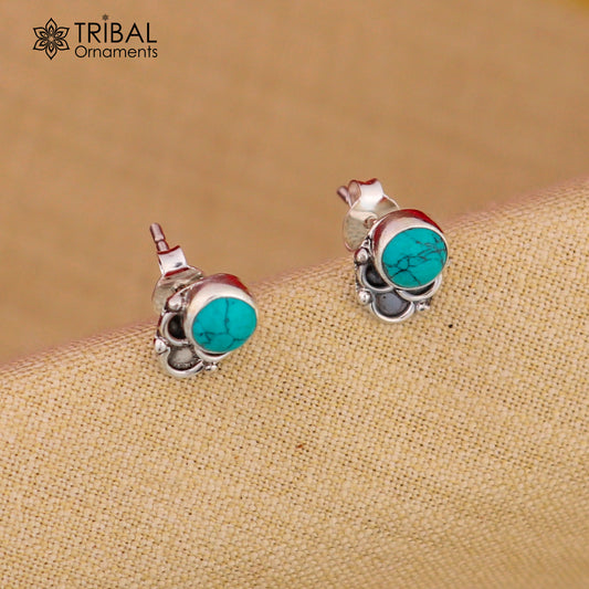 925 sterling silver gorgeous round shape blue turquoise stone stud earring best unisex jewelry s1399 - TRIBAL ORNAMENTS