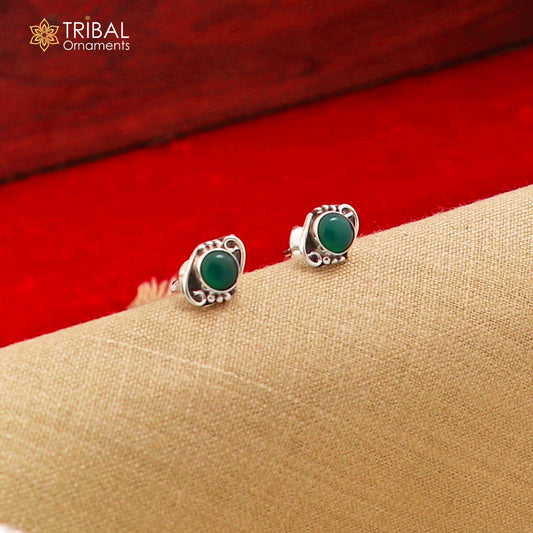 925 sterling silver gorgeous round shape green onyx stone stud earring best unisex jewelry s1380 - TRIBAL ORNAMENTS