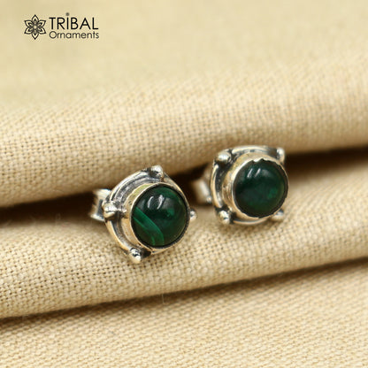 925 sterling silver stud earring featuring a round green onyx stone, unisex jewelry by TRIBAL ORNAMENTS