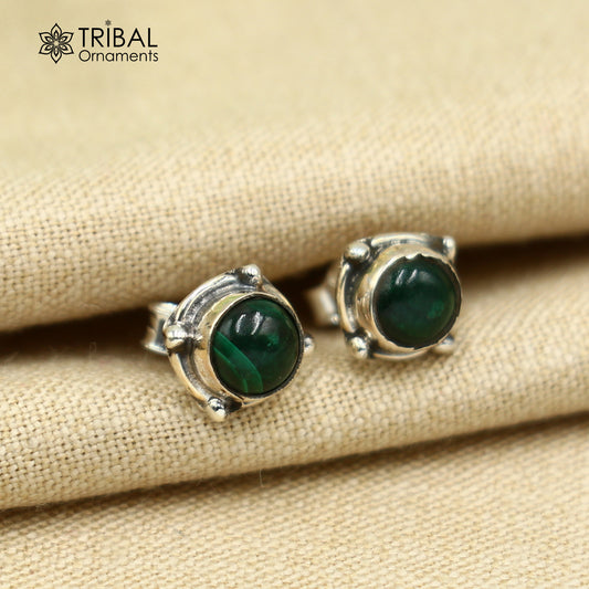 925 sterling silver gorgeous round shape green onyx stone stud earring best unisex jewelry s1414 - TRIBAL ORNAMENTS