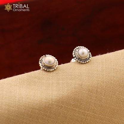 Sterling silver round pearl stone stud earring from Tribal Ornaments, unisex jewelry, elegant and stylish accessory.