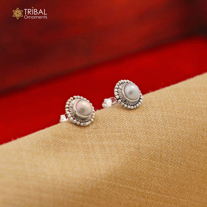 925 sterling silver round pearl stud earring by Tribal Ornaments, unisex jewelry with elegant pearl stone design