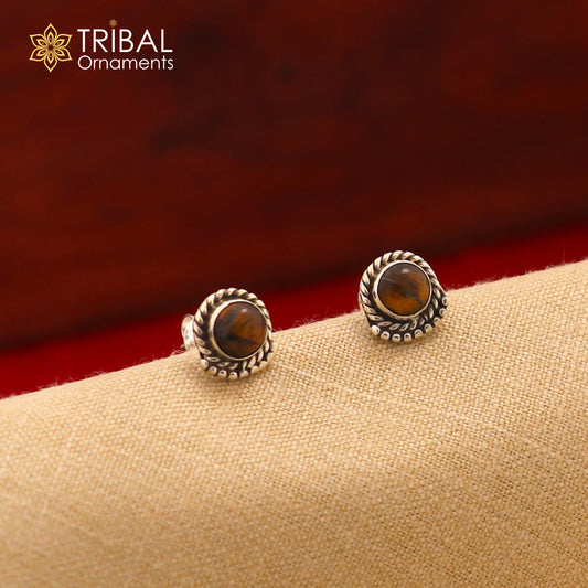 925 sterling silver gorgeous round shape tiger eye stone stud earring best unisex jewelry s1393 - TRIBAL ORNAMENTS