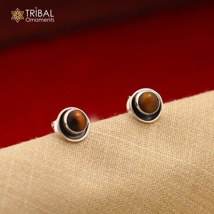 925 sterling silver tiger eye stone round stud earring, unisex jewelry with polished gemstone and sleek silver setting.