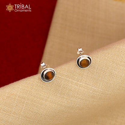 925 sterling silver tiger eye stone round stud earring, unisex jewelry with a polished, natural gemstone design by Tribal Ornaments