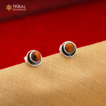 925 sterling silver round tiger eye stone stud earring, unisex jewelry with a polished tiger eye gemstone setting.