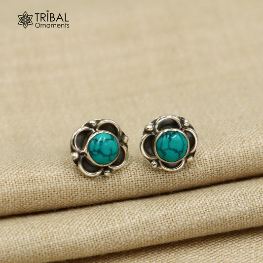 925 sterling silver gorgeous round shape turquoise stone stud earring best unisex jewelry s1412 - TRIBAL ORNAMENTS