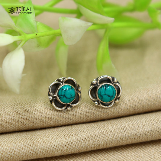 925 sterling silver gorgeous round shape turquoise stone stud earring best unisex jewelry s1412 - TRIBAL ORNAMENTS
