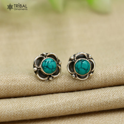 925 sterling silver gorgeous round shape turquoise stone stud earring best unisex jewelry s1412 - TRIBAL ORNAMENTS