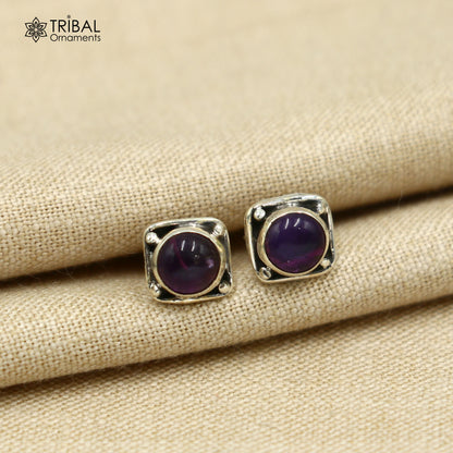 925 sterling silver square amethyst stone stud earring, unisex jewelry by TRIBAL ORNAMENTS, featuring vibrant purple gemstone.