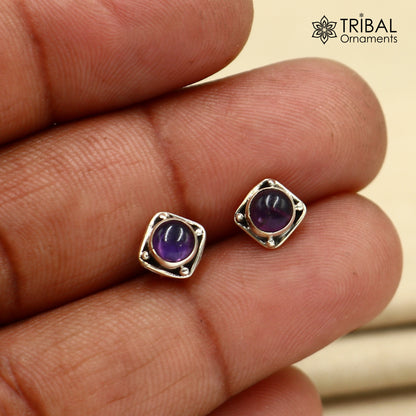 Sterling silver square-shaped amethyst stud earring from TRIBAL ORNAMENTS, unisex jewelry with a polished gemstone design.