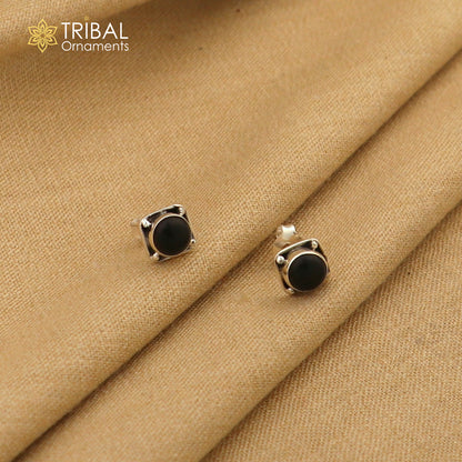 Sterling silver square black onyx stud earring from TRIBAL ORNAMENTS, unisex jewelry with a sleek, polished design.