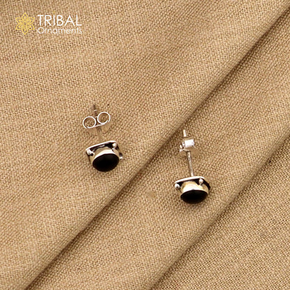 Sterling silver square black onyx stud earring by Tribal Ornaments, unisex jewelry with sleek modern design.