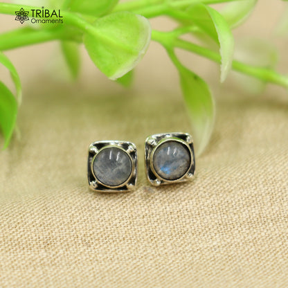 925 sterling silver square rainbow stone stud earring, unisex jewelry by TRIBAL ORNAMENTS, showcasing vibrant colors and sleek design.