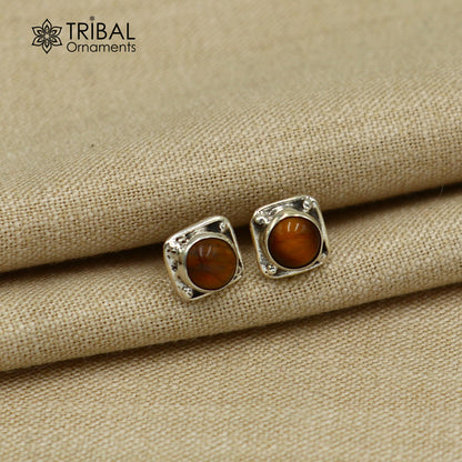 Sterling silver square tiger eye stone stud earring, unisex jewelry by Tribal Ornaments, showcasing a polished, natural gemstone design.