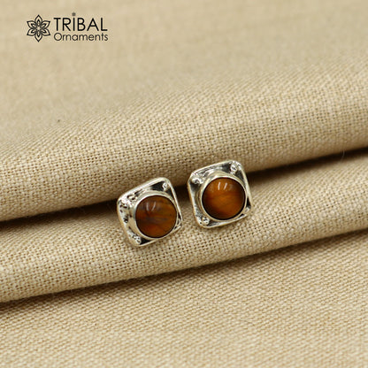 Sterling silver square tiger eye stone stud earring by TRIBAL ORNAMENTS, unisex jewelry with polished, natural gemstone design.