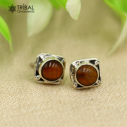 925 sterling silver square tiger eye stone stud earring, unisex jewelry with a polished, natural gemstone design.