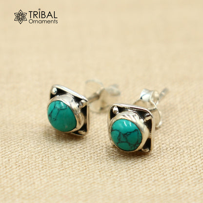 Sterling silver square turquoise stone stud earring by Tribal Ornaments, unisex jewelry with vibrant blue gemstone.
