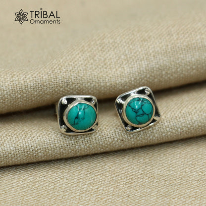 Sterling silver square turquoise stud earring by Tribal Ornaments, unisex jewelry with vibrant blue gemstone.