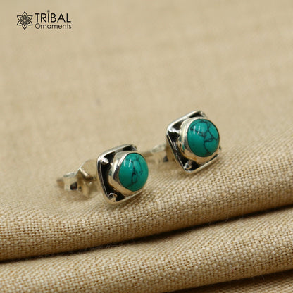 Sterling silver square turquoise stone stud earring by TRIBAL ORNAMENTS, unisex jewelry with a vibrant turquoise gemstone.