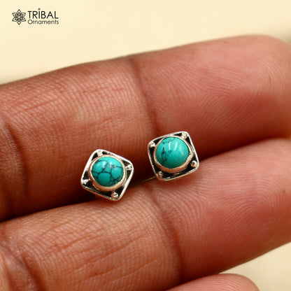 925 sterling silver square turquoise stud earring from TRIBAL ORNAMENTS, unisex jewelry with vibrant blue turquoise stone.