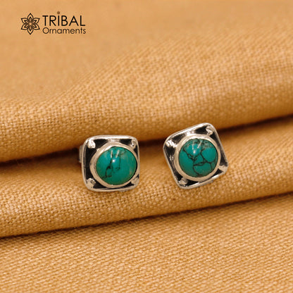 925 sterling silver square turquoise stone stud earring by TRIBAL ORNAMENTS, unisex jewelry with vibrant turquoise in a sleek square shape