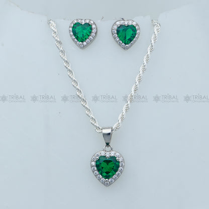 Sterling silver green diamond emerald heart-shaped pendant set by Tribal Ornaments, featuring intricate design and vibrant gemstone details.