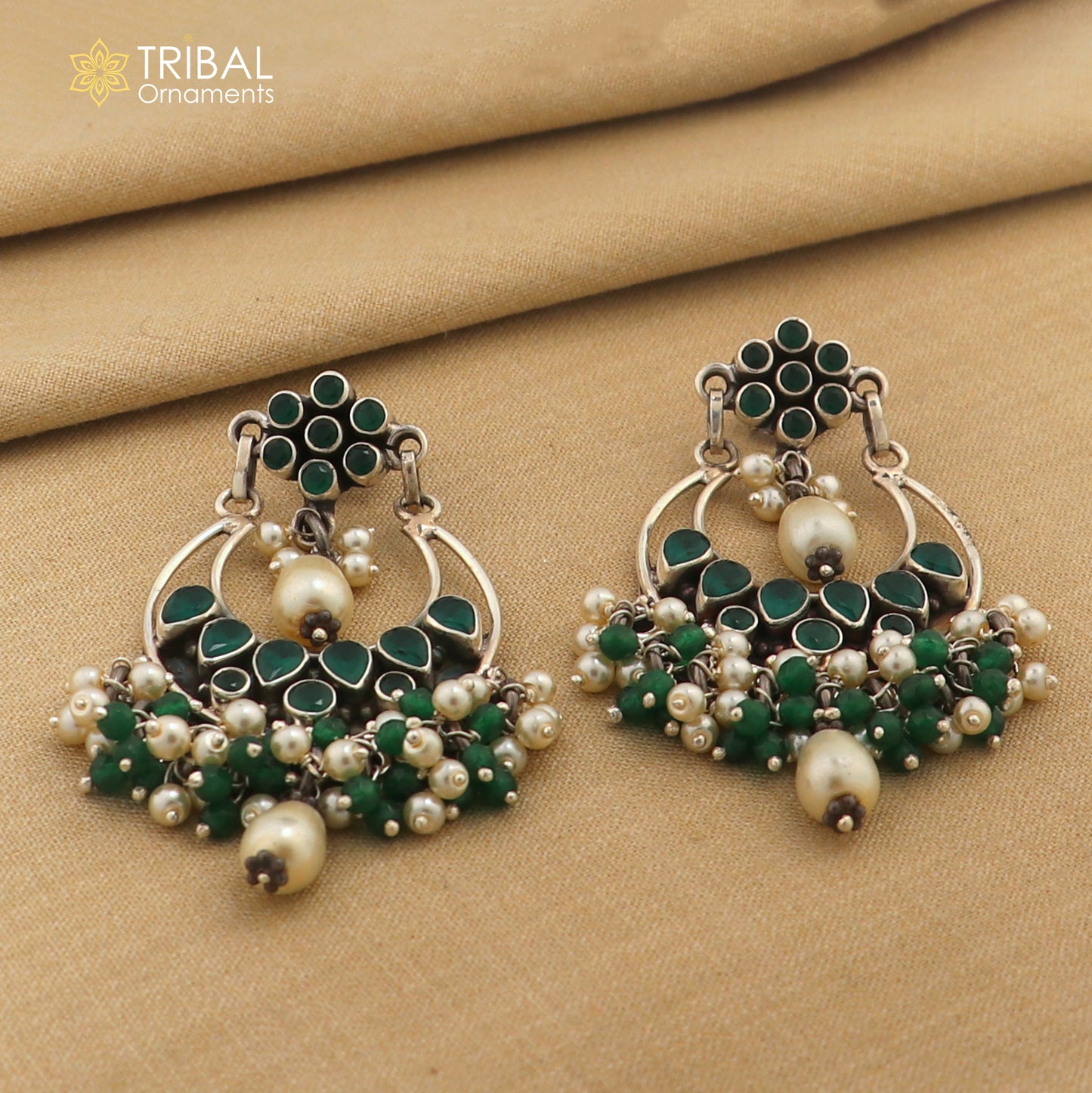 925 sterling silver Green Onyx stone stud earring drop dangling, best design charm earrings hanging tiny pearl tribal jewelry s714 - TRIBAL ORNAMENTS