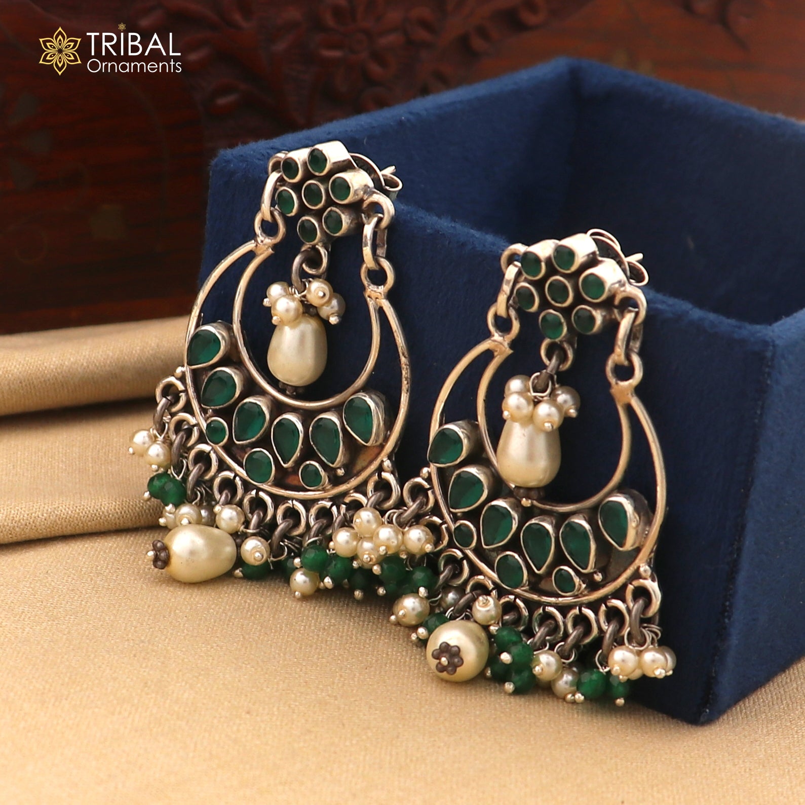 925 sterling silver Green Onyx stone stud earring drop dangling, best design charm earrings hanging tiny pearl tribal jewelry s714 - TRIBAL ORNAMENTS