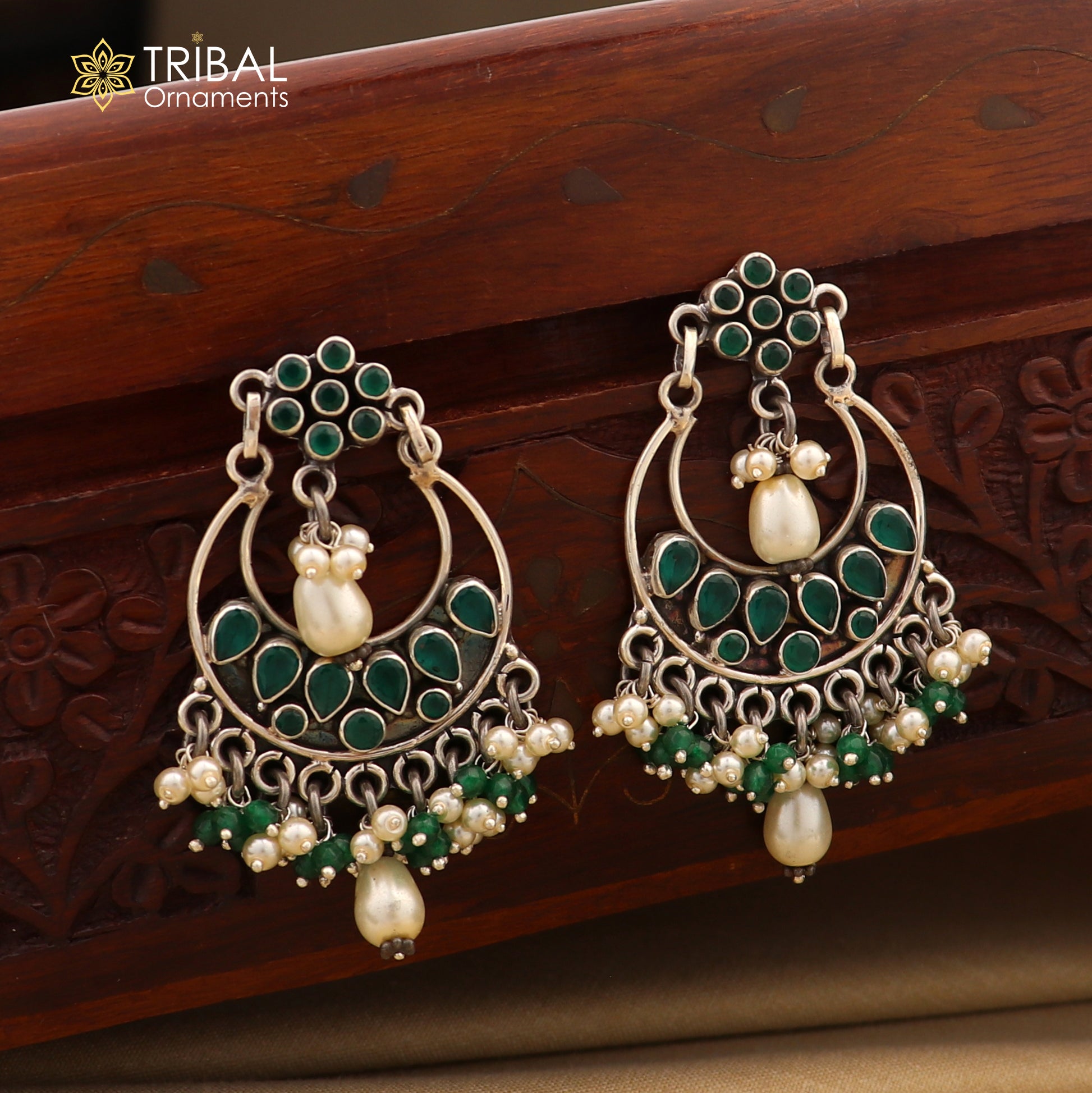 925 sterling silver Green Onyx stone stud earring drop dangling, best design charm earrings hanging tiny pearl tribal jewelry s714 - TRIBAL ORNAMENTS