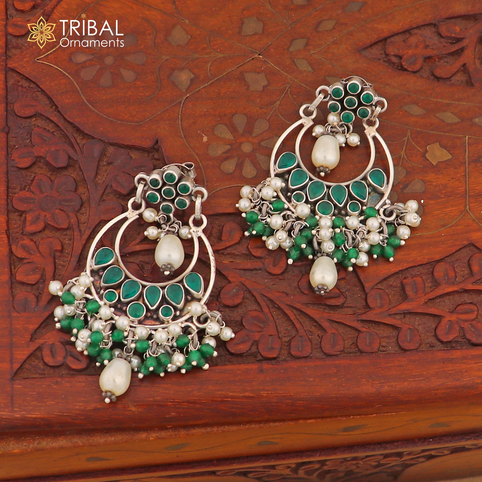 925 sterling silver Green Onyx stone stud earring drop dangling, best design charm earrings hanging tiny pearl tribal jewelry s714 - TRIBAL ORNAMENTS