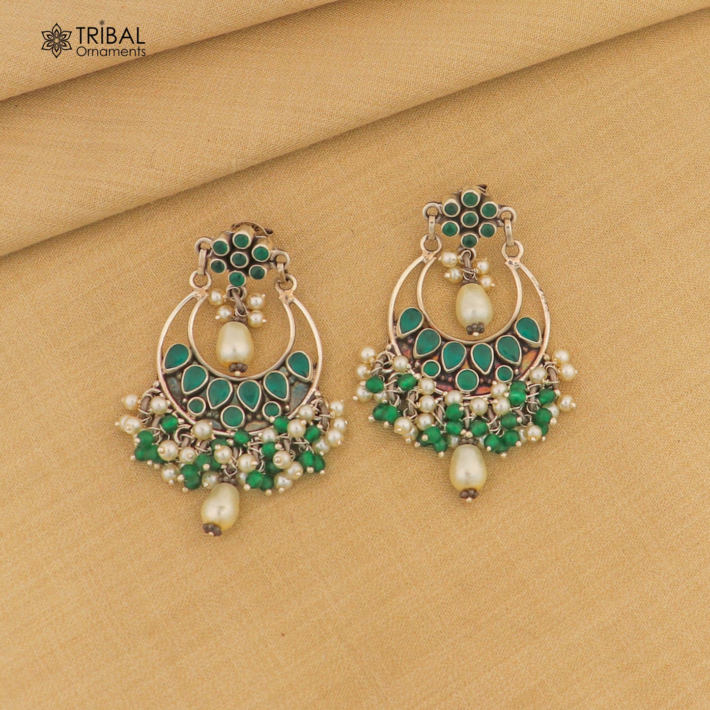 925 sterling silver Green Onyx stone stud earring drop dangling, best design charm earrings hanging tiny pearl tribal jewelry s714 - TRIBAL ORNAMENTS