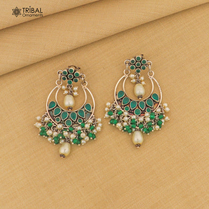925 sterling silver Green Onyx stone stud earring drop dangling, best design charm earrings hanging tiny pearl tribal jewelry s714 - TRIBAL ORNAMENTS