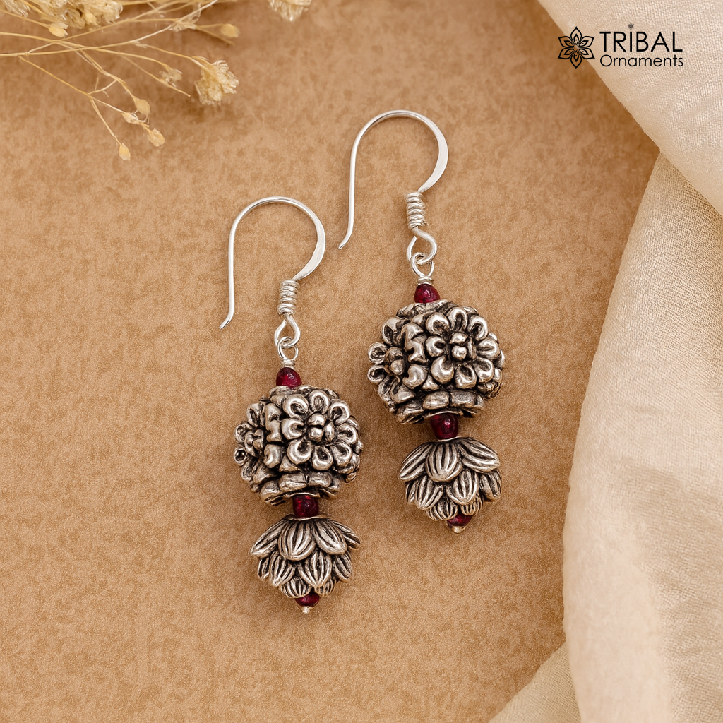 925 sterling silver hamdmade hook earrings, fabulous hanging pretty bells drop dangle earrings tribal ethnic jewelry from India s1085 - TRIBAL ORNAMENTS