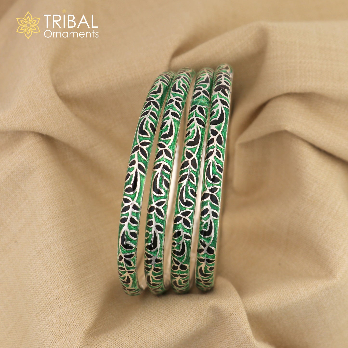 Handcrafted 925 sterling silver enamel bangles bracelet by Tribal Ornaments, vintage style bridal jewelry for elegant wrist adornment.
