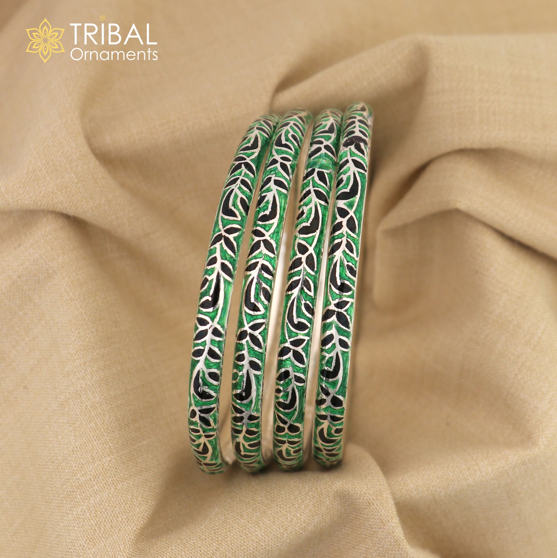 Handcrafted 925 sterling silver enamel bangles bracelet by Tribal Ornaments, vintage style bridal jewelry for elegant wrist adornment.