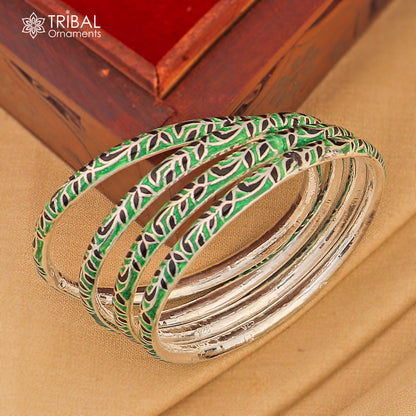 Sterling silver handcrafted enamel bangles bracelet with colorful tribal design, ideal for brides, vintage style jewelry by TRIBAL ORNAMENTS