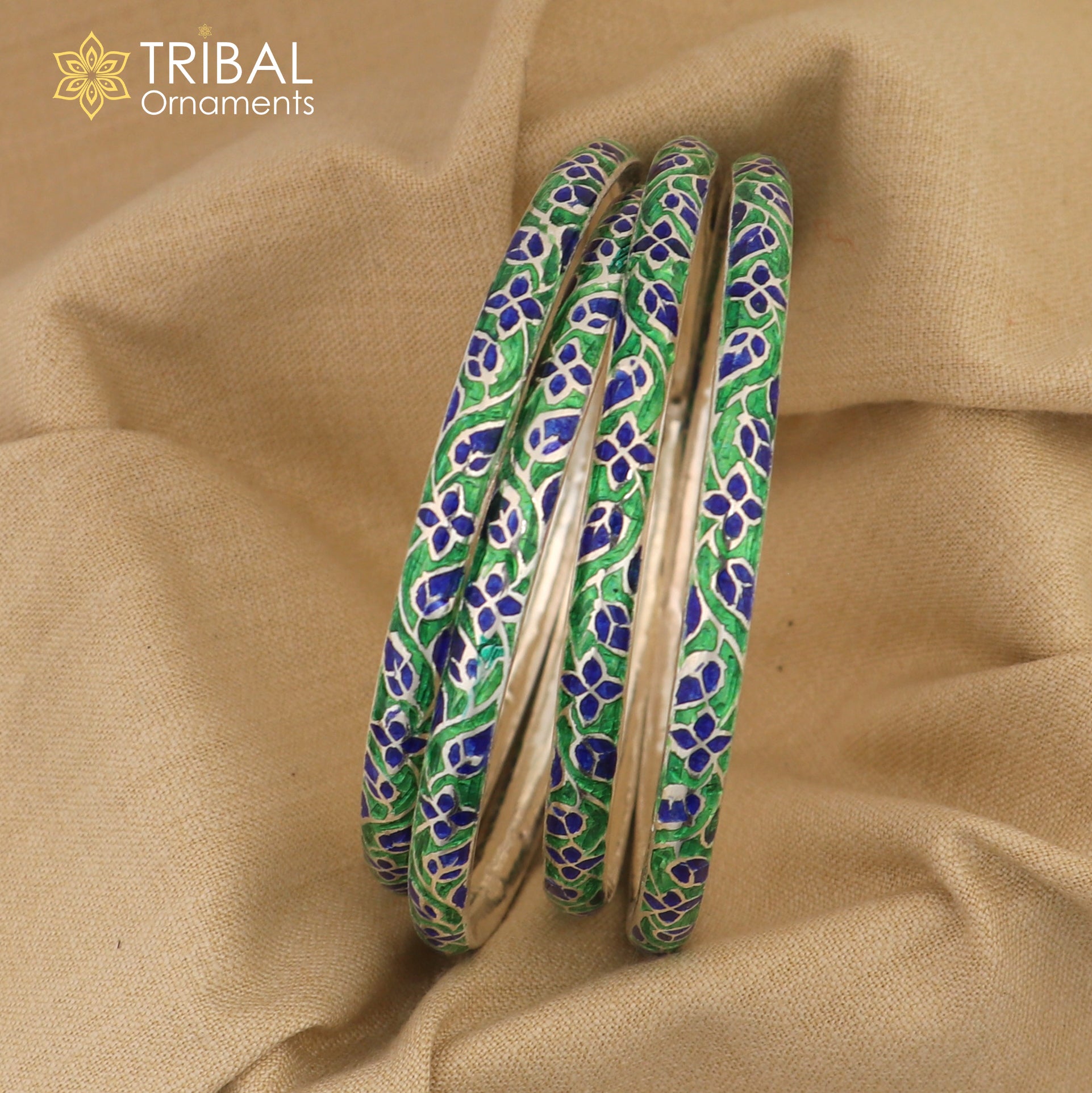 Handcrafted 925 sterling silver enamel bangles bracelet with colorful vintage design, perfect for bridal jewelry by TRIBAL ORNAMENTS.