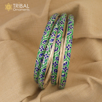 Handcrafted 925 sterling silver enamel bangles bracelet with colorful vintage design, perfect for bridal jewelry by TRIBAL ORNAMENTS.