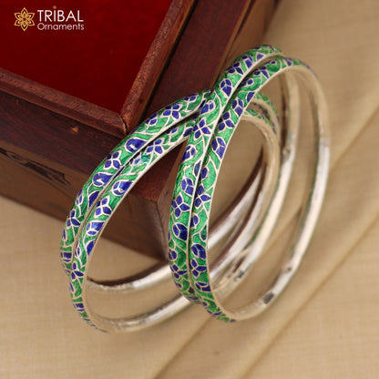 Handcrafted 925 sterling silver enamel bangles bracelet by TRIBAL ORNAMENTS, vintage-style bracelet for brides and special occasions.