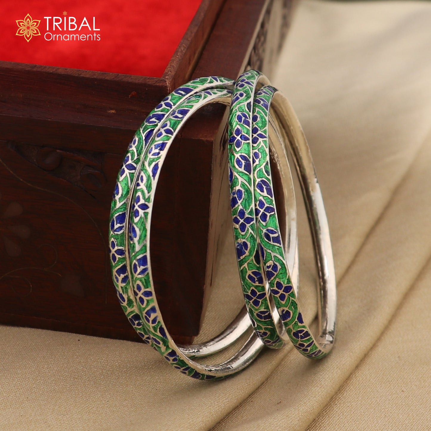 Handcrafted 925 sterling silver color enamel bangles bracelet, vintage tribal jewelry for brides by TRIBAL ORNAMENTS.