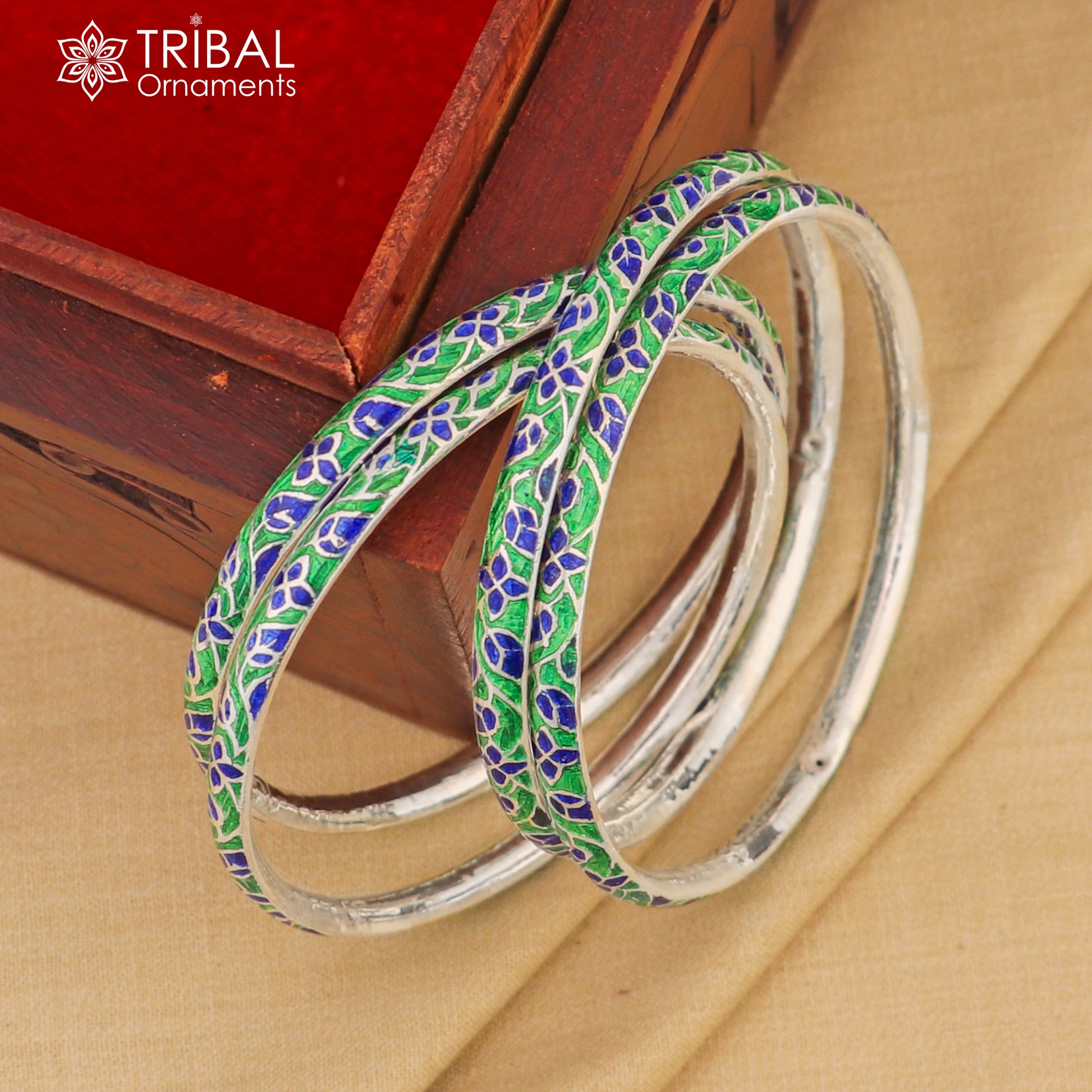Handcrafted 925 sterling silver enamel bangles bracelet with colorful tribal designs, ideal for brides and vintage-inspired jewelry.