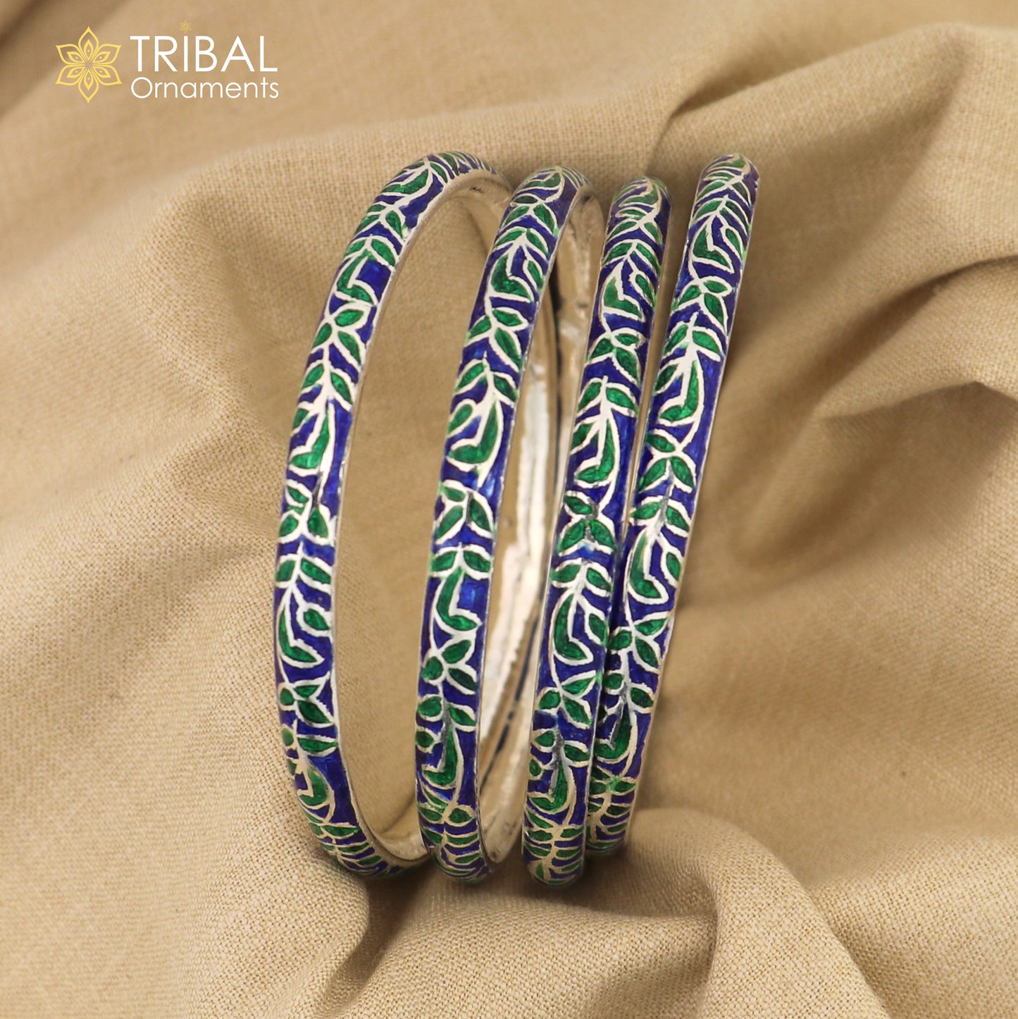 Handcrafted 925 sterling silver and colorful enamel bangles bracelet by TRIBAL ORNAMENTS, vintage-style brides jewelry.